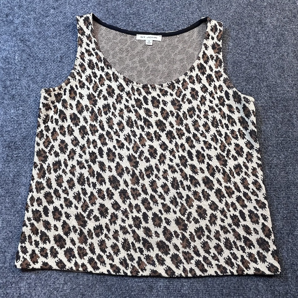 St. John Straw Bronze Black Animal Leopard Print Rayon Wool Tank Top Shirt Sz S